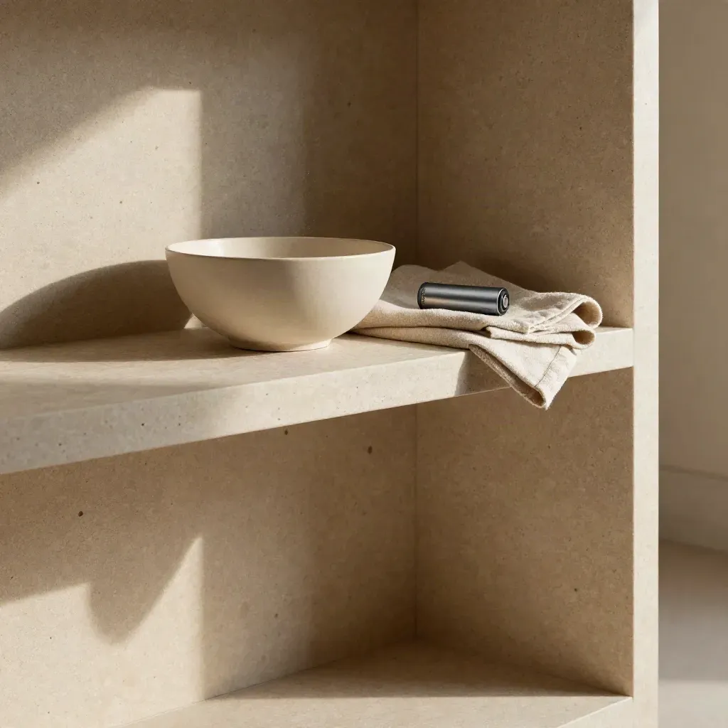 Sunlit travertine niche with a ceramic bowl, folded linen, and calm stone space.