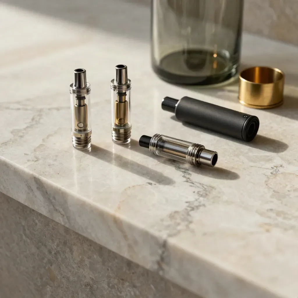 Marble counter with replacement THC carts, smoky glass vessel, brass trim, and soft morning light.