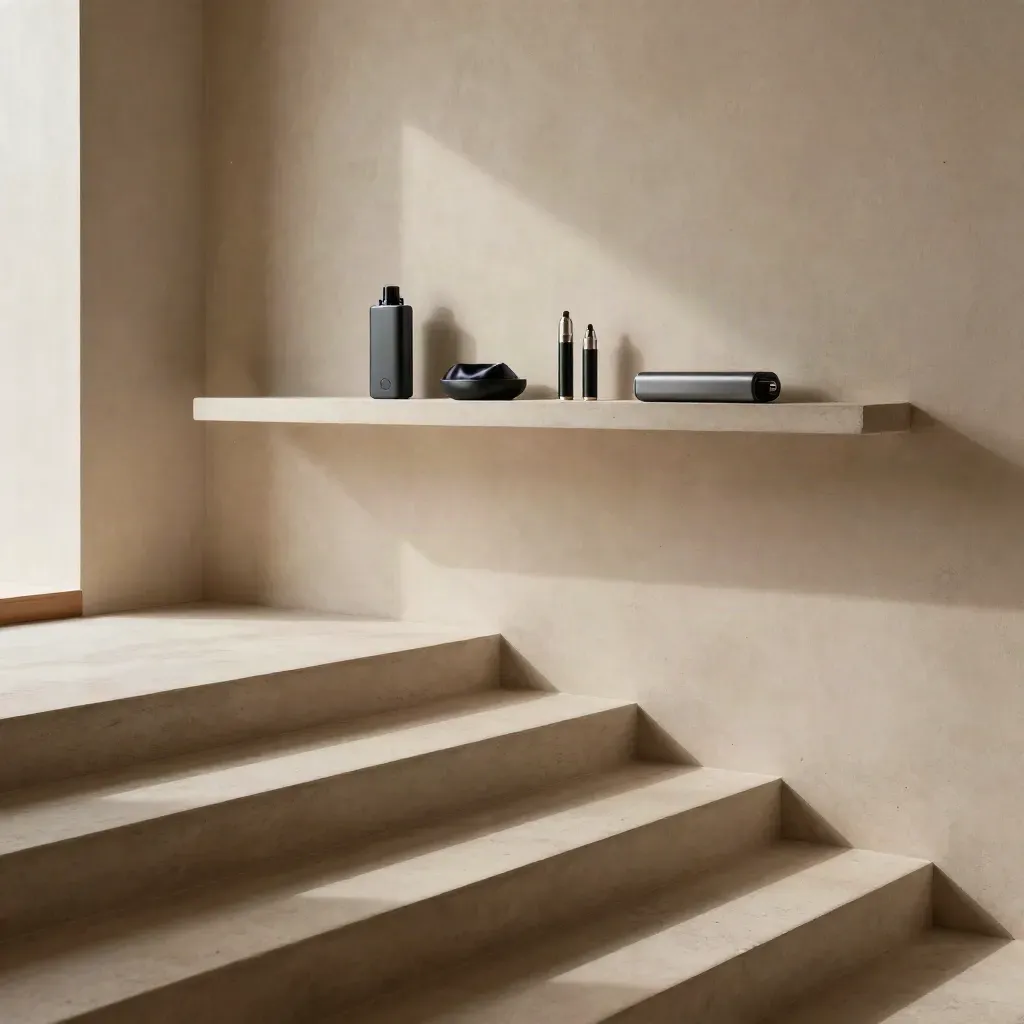 Sunlit concrete stair landing with a slim shelf holding a vape battery kit and cartridges.