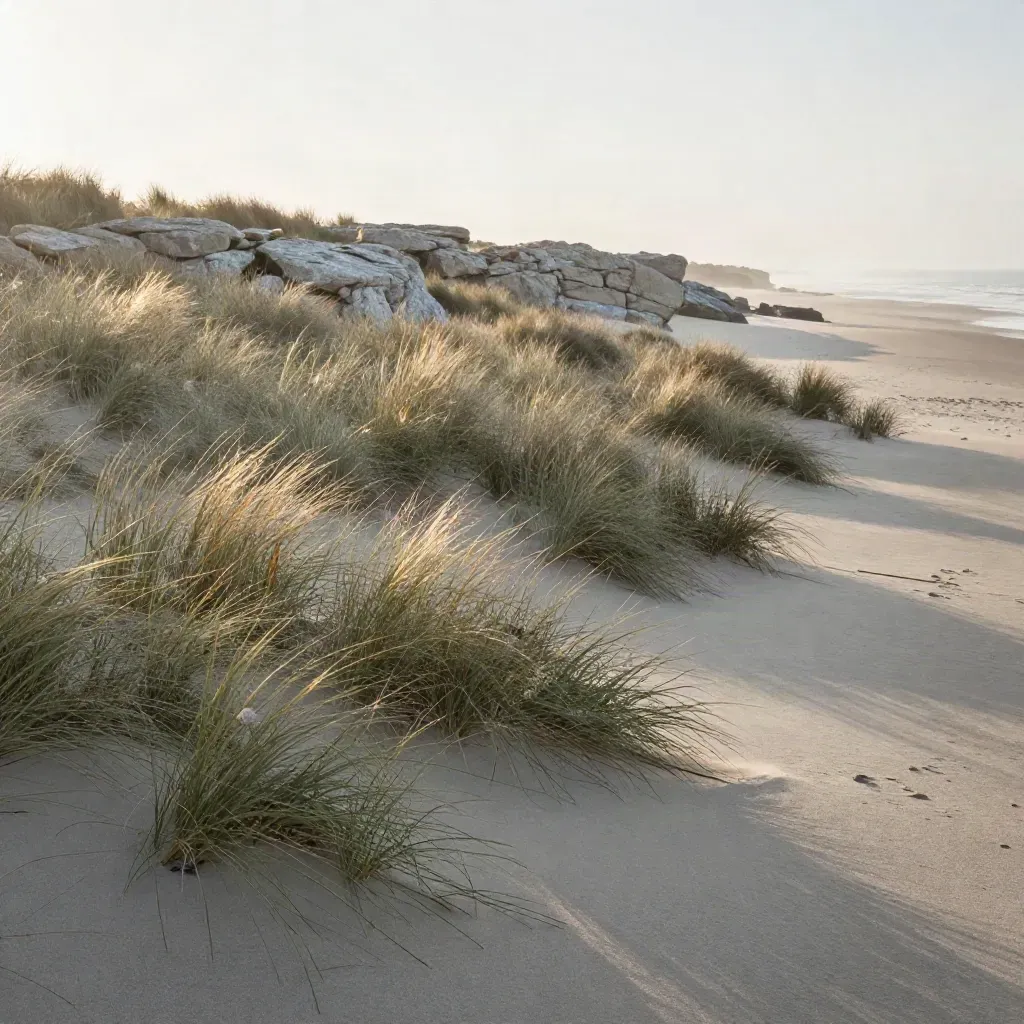 Windblown dune grass over a pale rock shelf above smooth sand and sea mist.