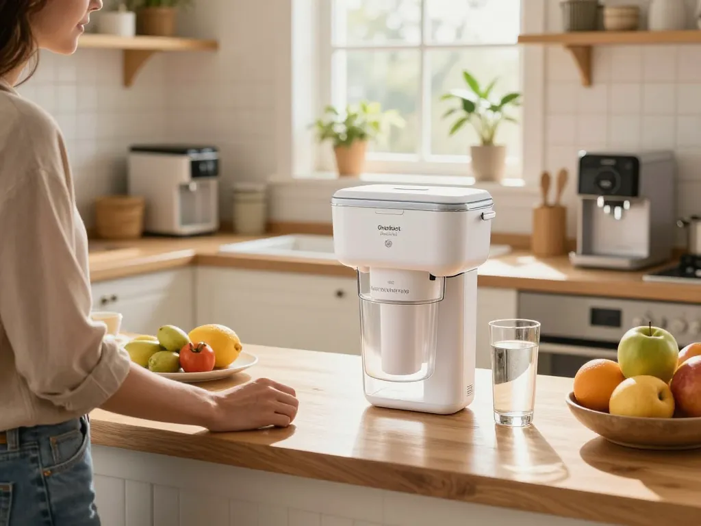 Overbest OB6013 Replacement for GE® MWF® water filter being inspected in a bright kitchen.