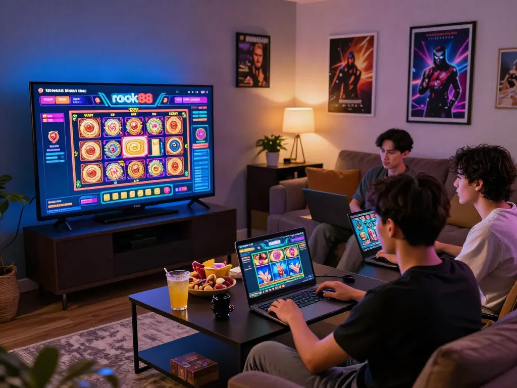 Engaged players enjoying the rokok88 slot in a modern gaming environment, highlighting excitement and community.