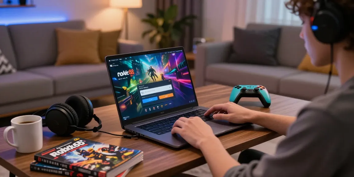 Engaged user in rokok88 login process on laptop in stylish living room with gaming elements.