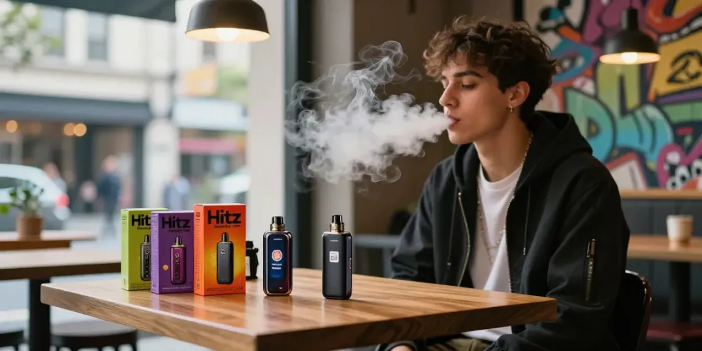 Young adult enjoying the Hitz infinity Gen 7 vape in a vibrant café atmosphere.