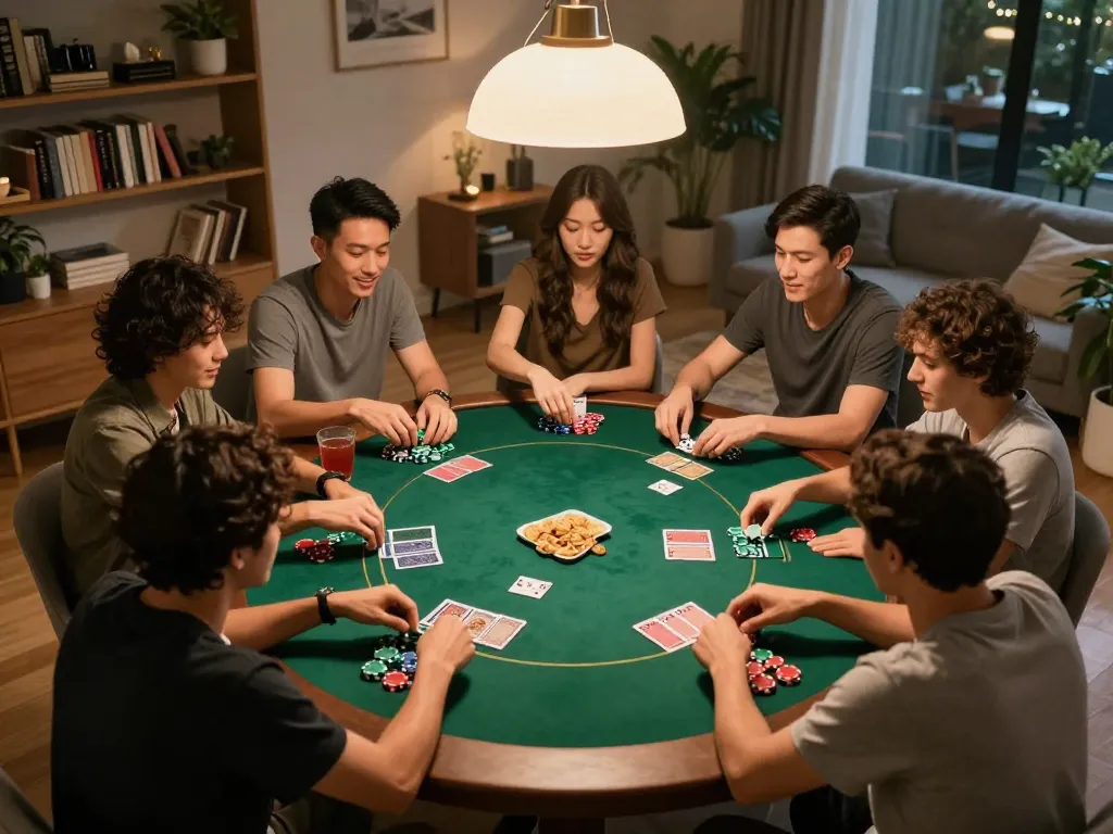 Engaged friends playing poker during a game night with 388bet app on the table.