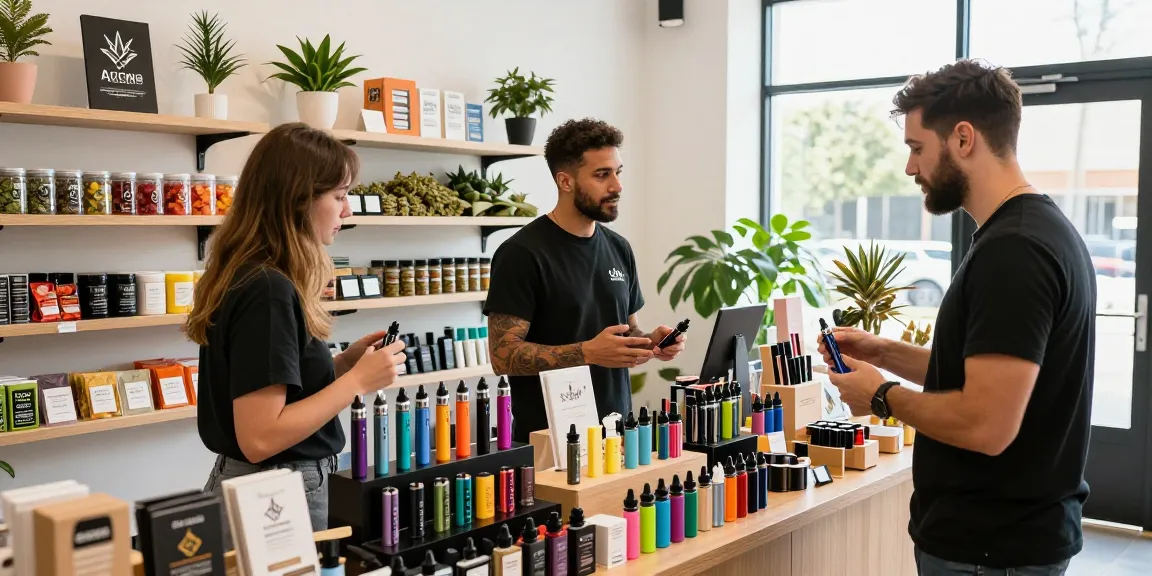 THC vape deutschland - customers exploring a vibrant cannabis vape shop filled with premium products and engaging staff.