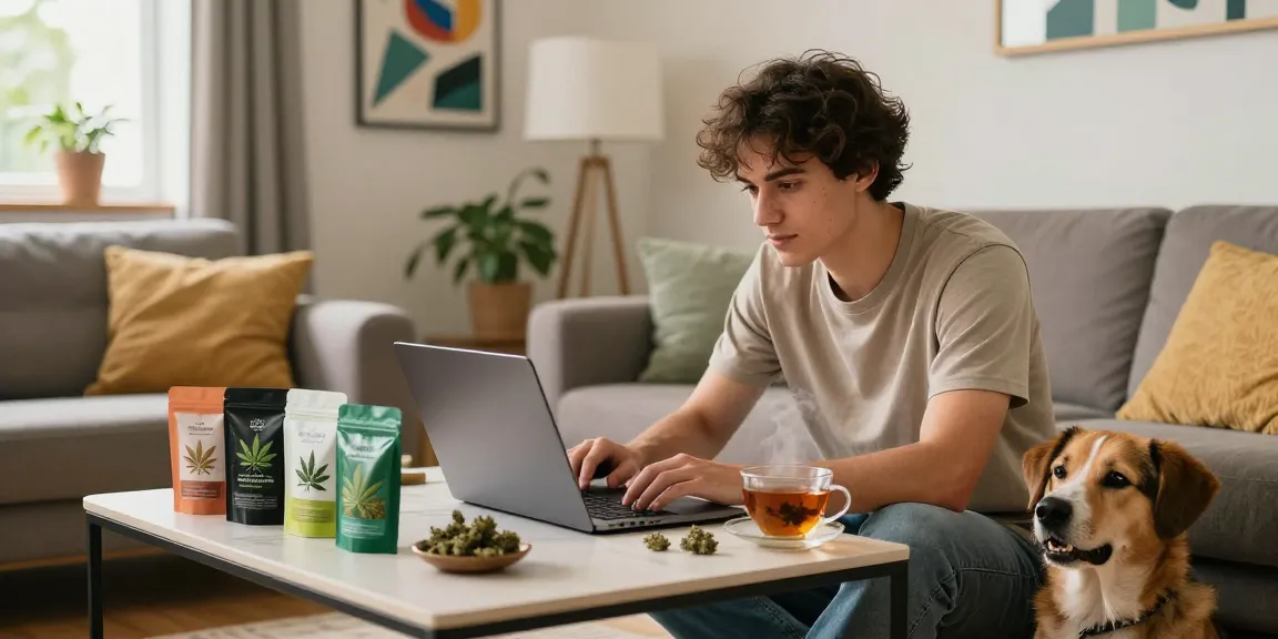 Engaging scene of a young man buying cannabis online in the UK, showcasing premium products and a relaxed home environment.