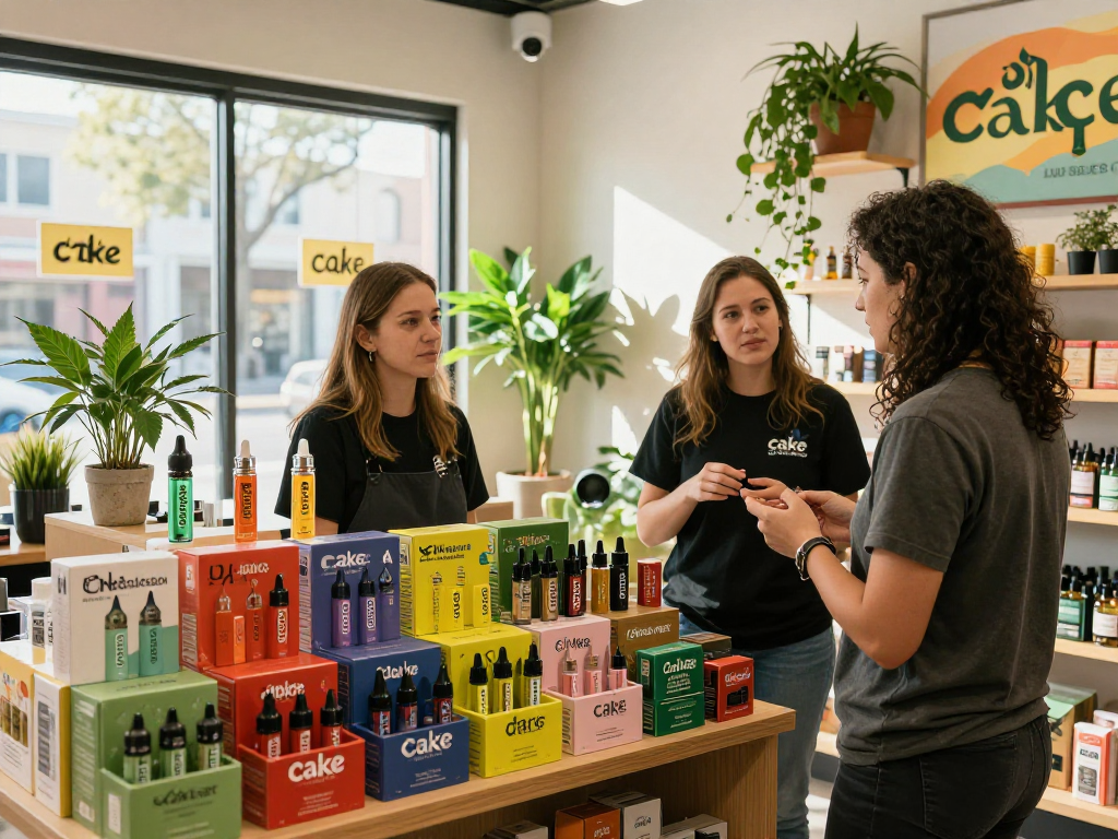 Explore a cannabis dispensary featuring vibrant Cake carts and engaging customers, showcasing flavorful THC vape options.