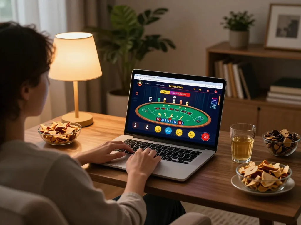 Player enjoying fly 88 online gaming session from home, focused on live blackjack action.