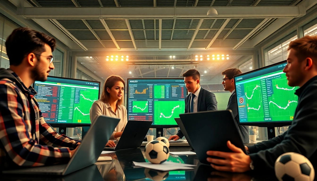 Kèo nhà cái analysis hub with diverse individuals reviewing live betting odds and match statistics.