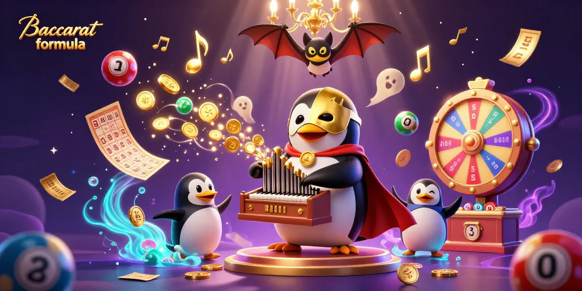 Engage with the Baccarat formula as the phantom opera penguin orchestrates winning strategies in a lively casino atmosphere.