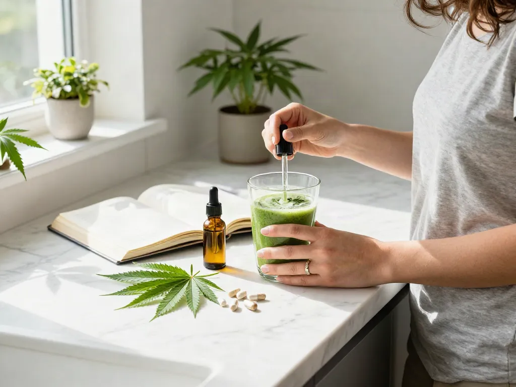 Colorado online dispensary that ships to all states - woman preparing smoothie with CBD oil in bright kitchen setting.