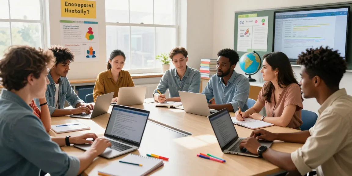 Collaborative teachers using EMStudio, an online teacher planner and classroom management application to develop lesson plans in a bright classroom.