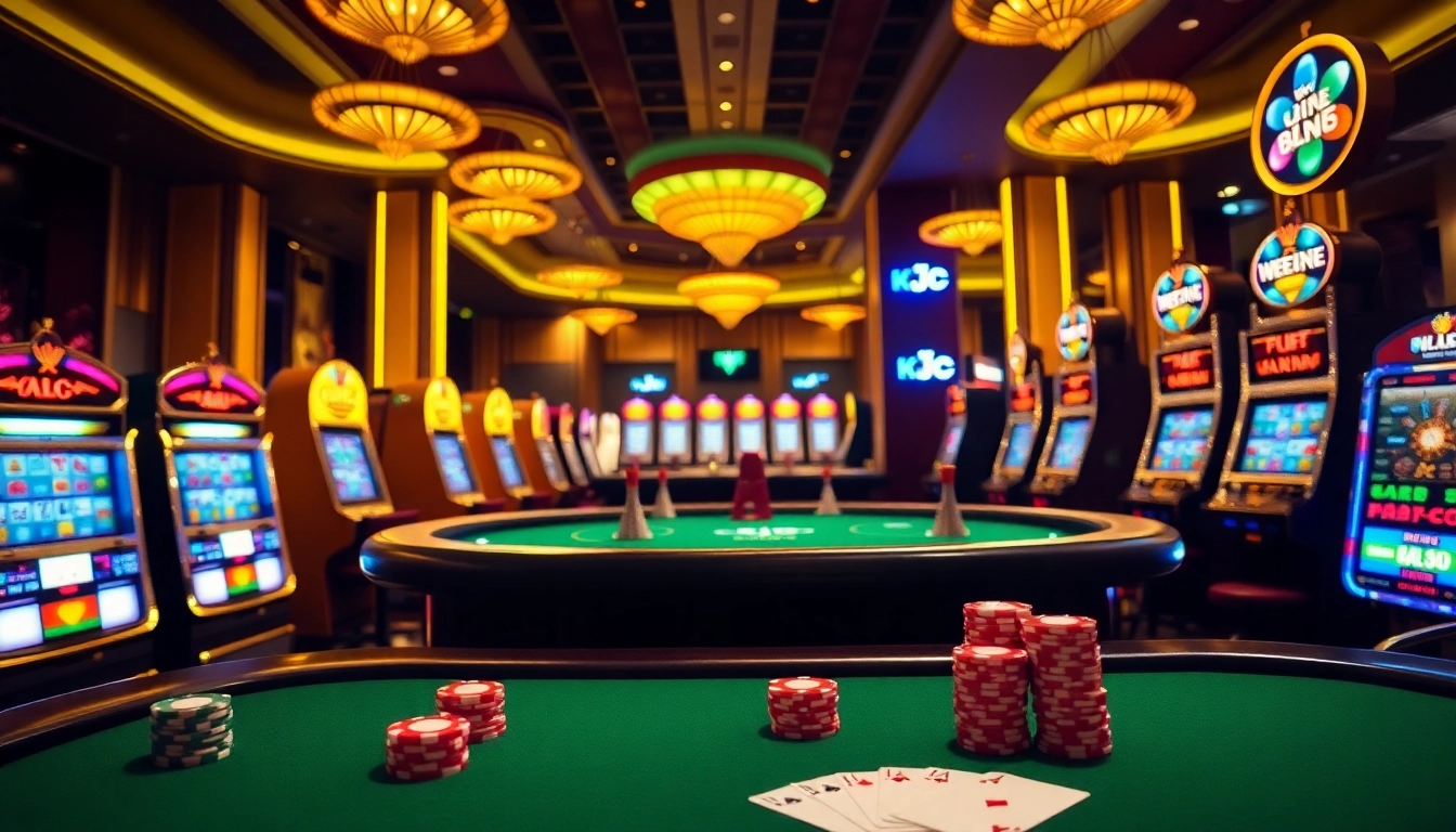 KJC poker table with vibrant chips and cards under elegant casino lighting