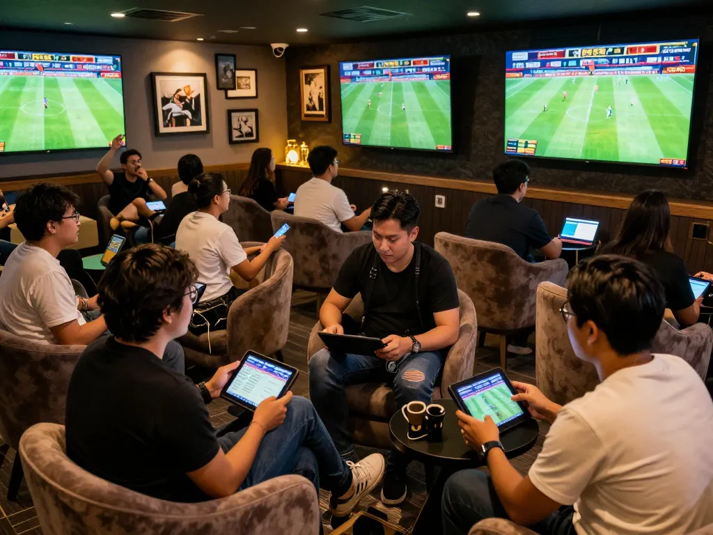 Bola Online enthusiasts placing bets in a lively sports betting lounge with multiple screens and excited fans