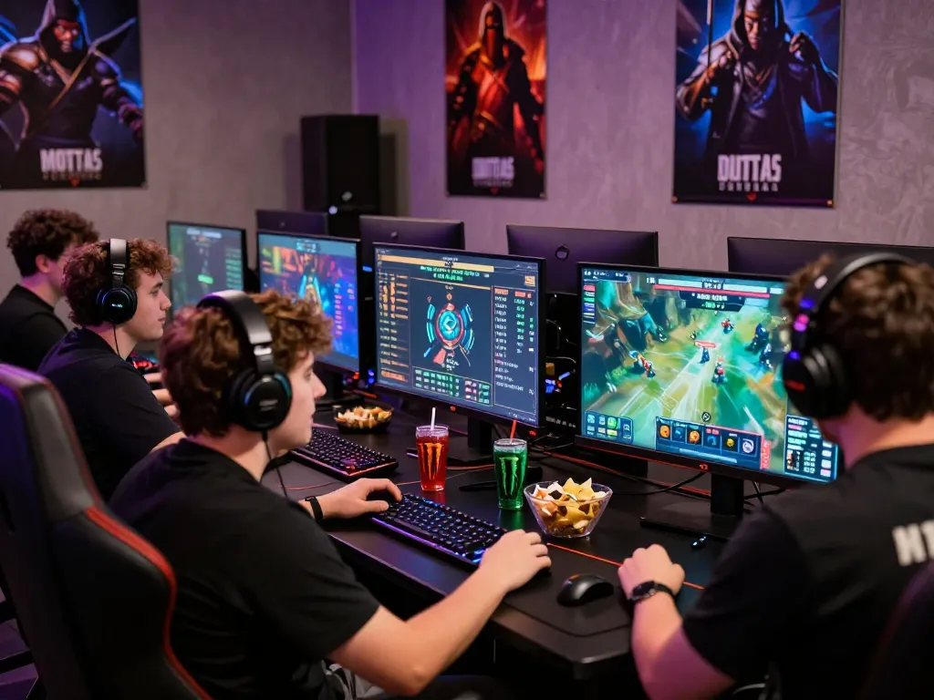 Dota 2 betting fans immersed in live match action and statistics at an esports gaming setup.