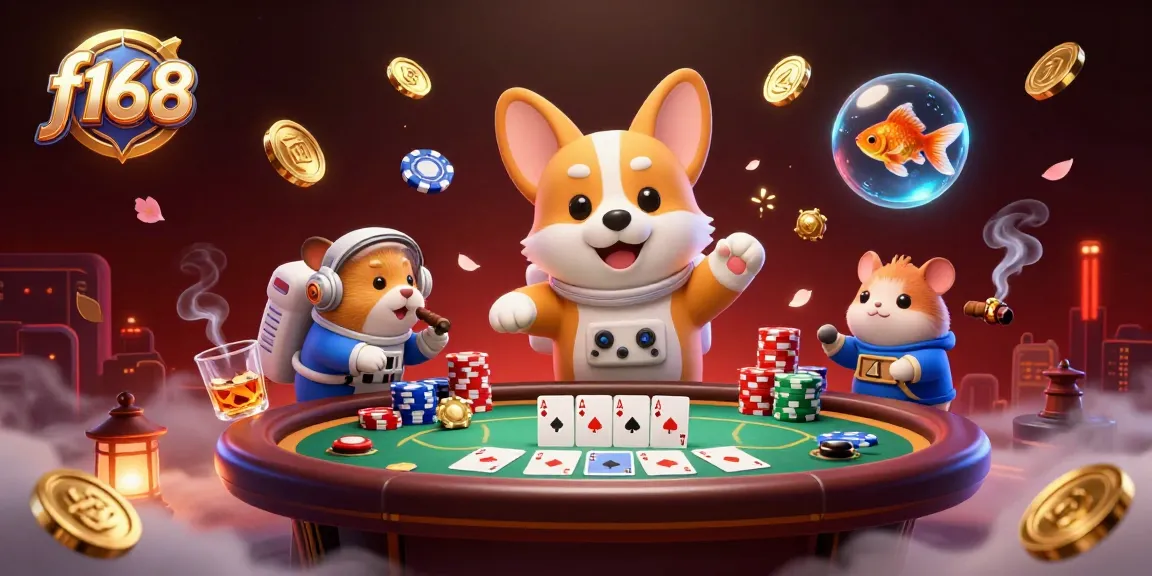 Experience f168 online gaming with a floating casino scene filled with vibrant poker elements.