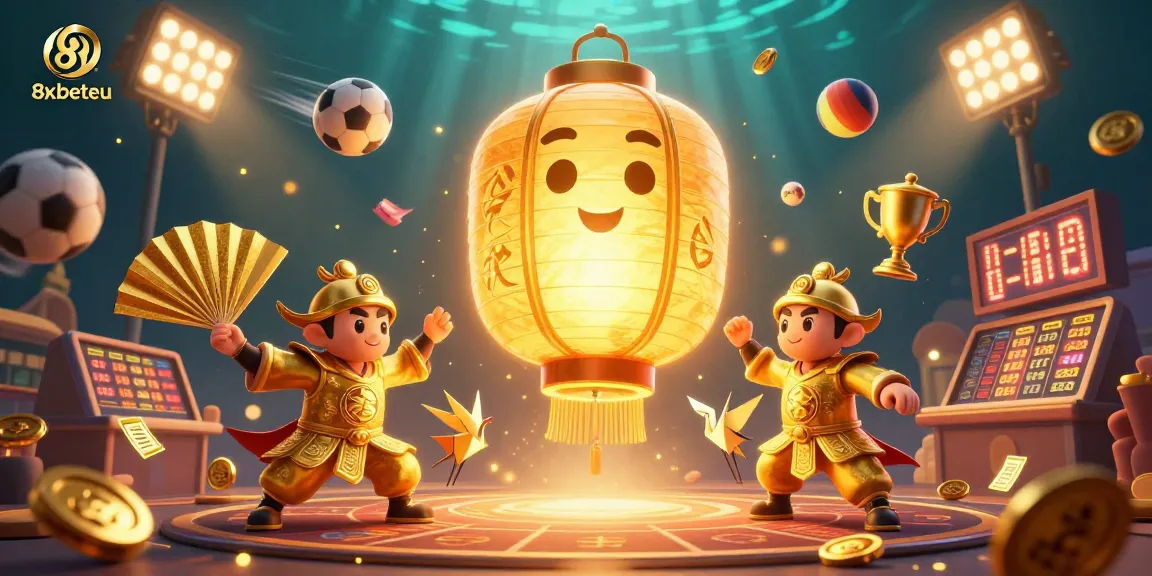 Engage with 8xbeteu gaming experiences amid golden lantern spirits and dynamic sports elements.