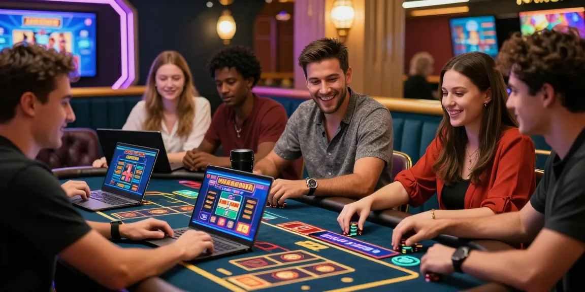 Engaging scene of friends enjoying the best non UK casinos at a live dealer table in a luxurious virtual casino.