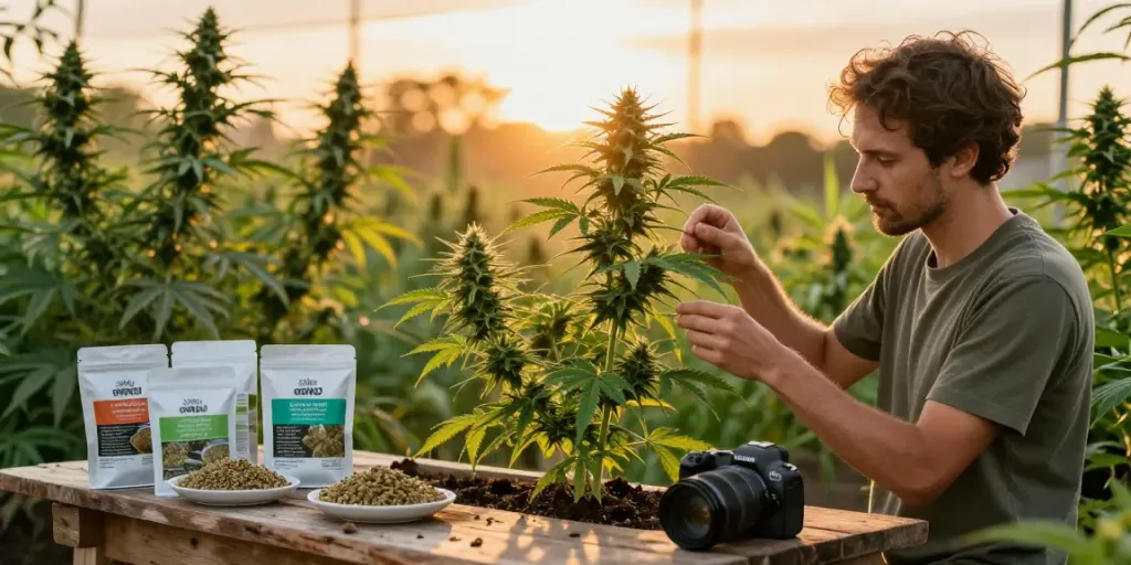 Regular seed genetics showcased in a flourishing cannabis garden with a grower inspecting plants.