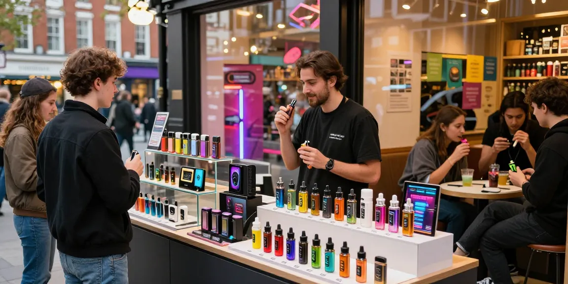 Vape UK shop bustling with customers exploring various vape kits and e-liquids, lively urban atmosphere