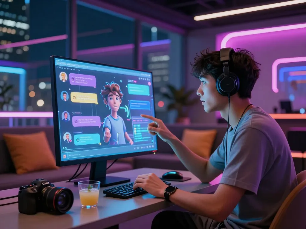 Engaging porn ai chat experience in a futuristic digital lounge.