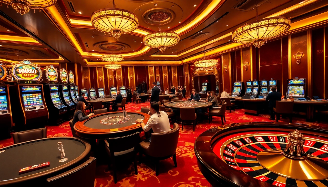 MM88 casino atmosphere with poker games and luxurious decor showcasing excitement.