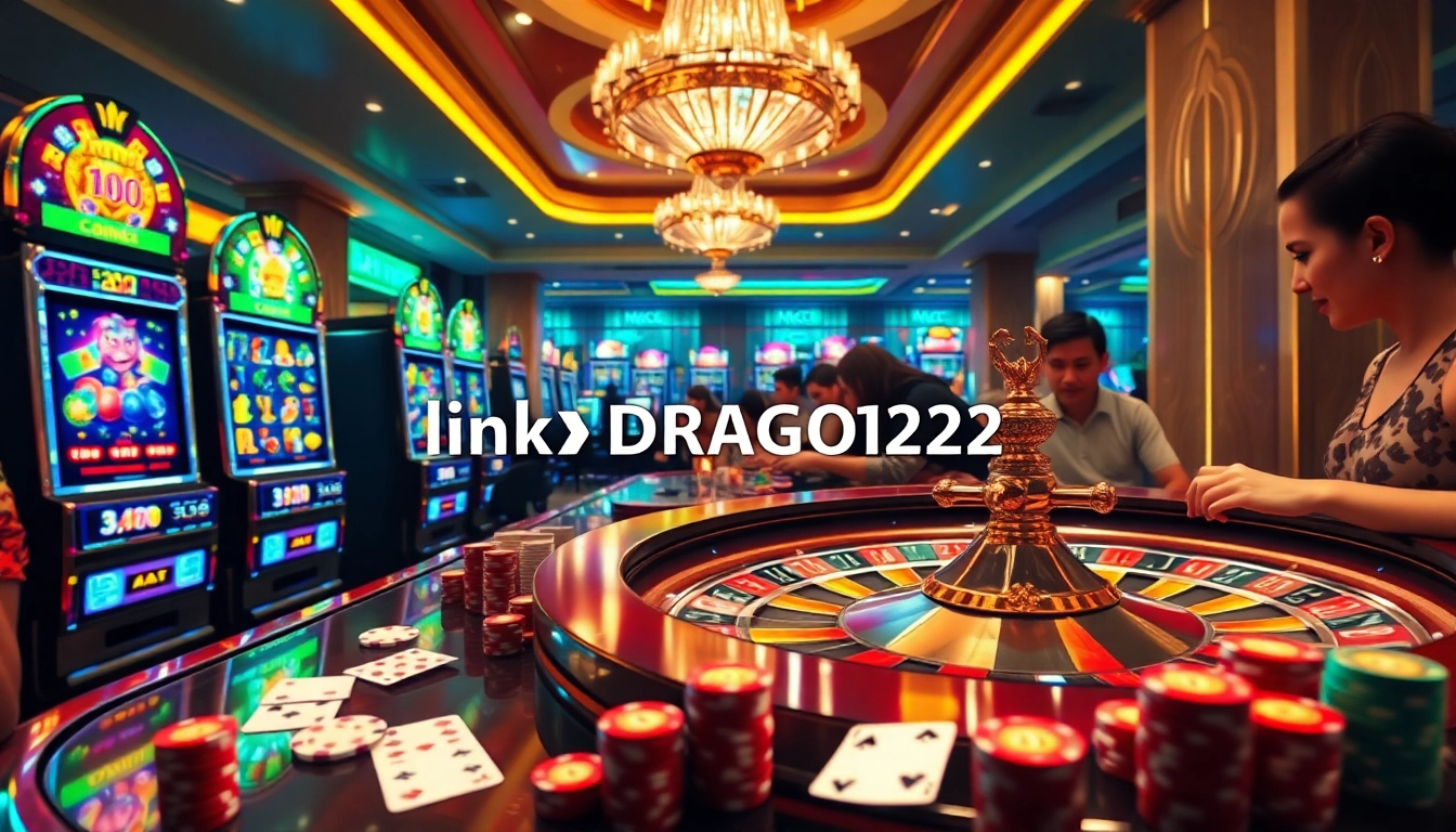 Link DRAGON222 highlights exciting online slot machines in a luxurious casino setting.