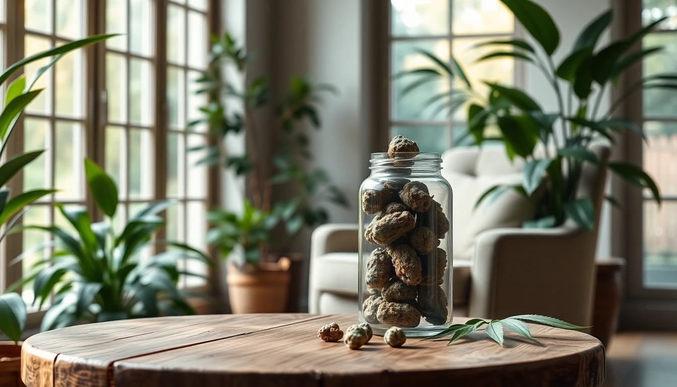 Mental Wellness CBD buds displayed in a serene indoor setting, highlighting relaxation and calm.
