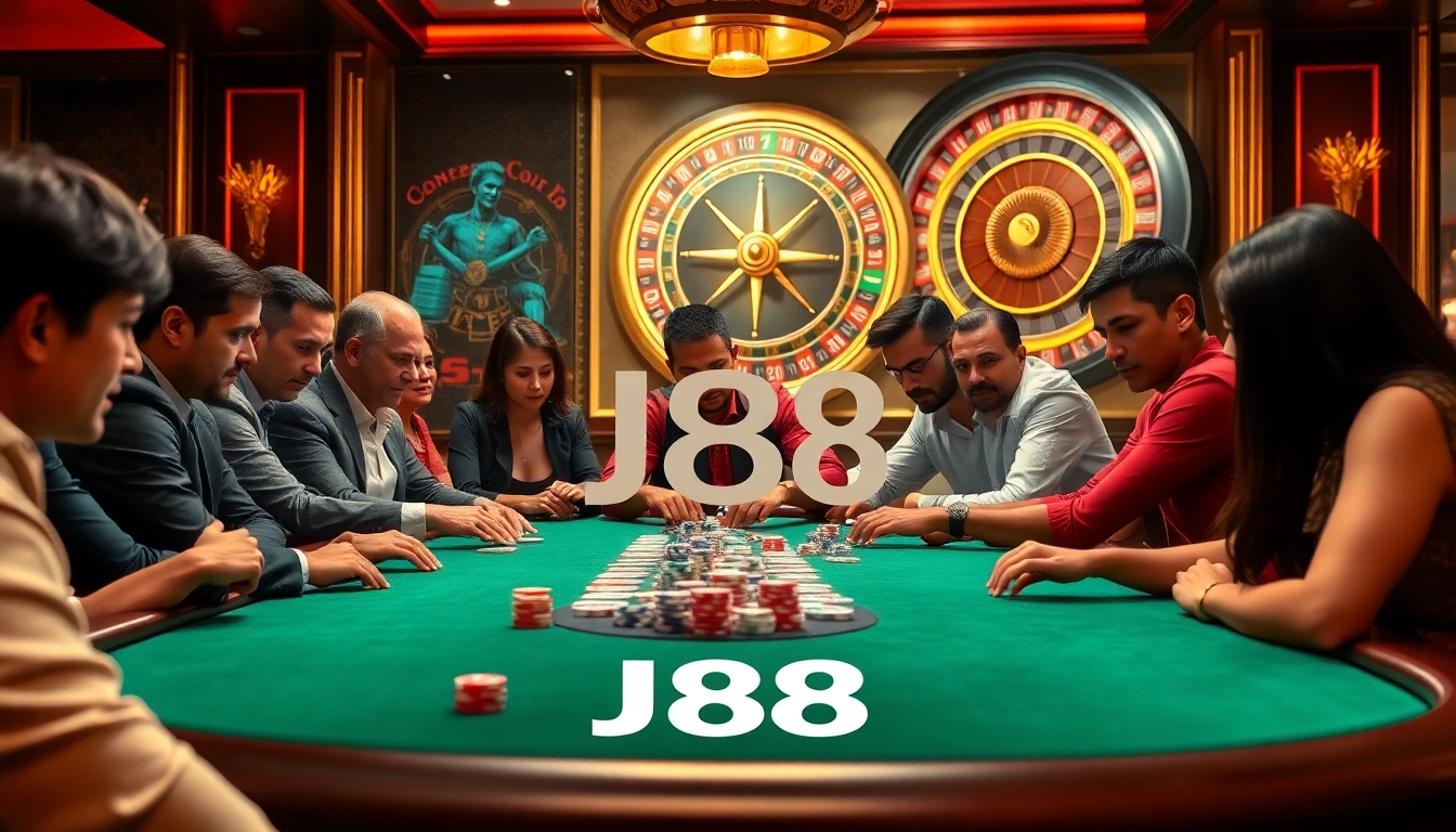 J88 poker players strategize at a high-stakes table in an upscale casino.