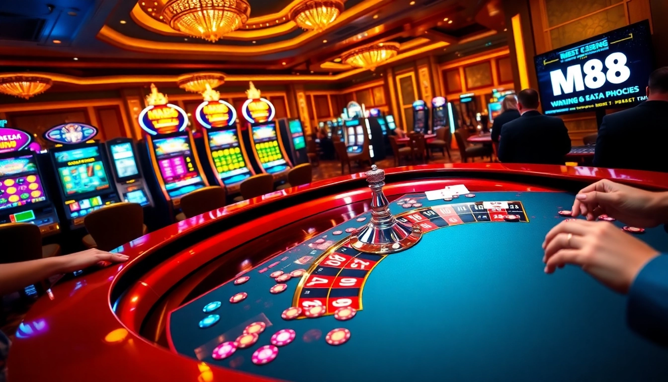 Experience the thrill of MM88 with vibrant casino tables, poker chips, and dynamic slot machines.