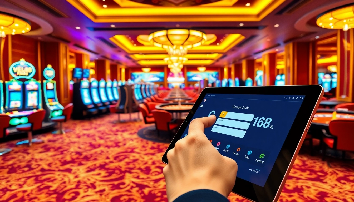 Logging into vn168 đăng nhập on a tablet amidst a luxurious casino setting filled with vibrant slot machines and poker tables.