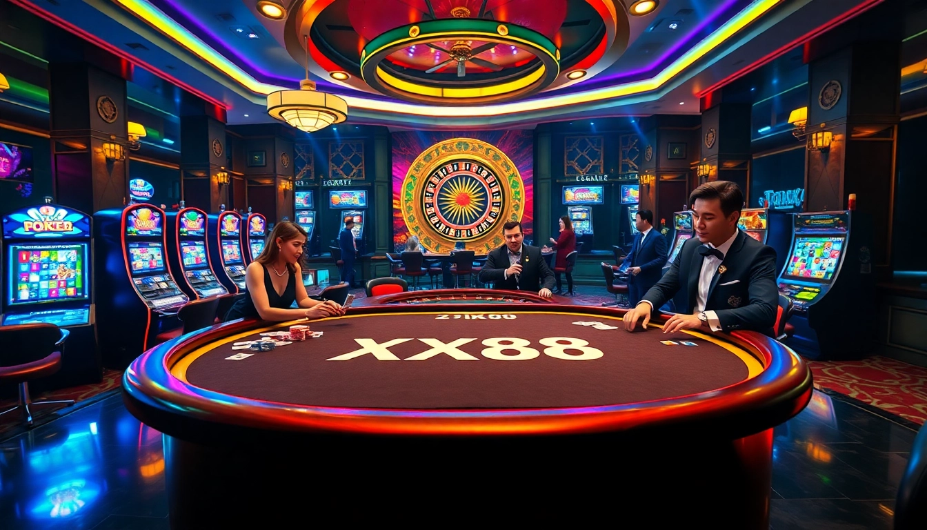 Exciting casino atmosphere featuring a branded XX88 poker table and lively gaming activities.