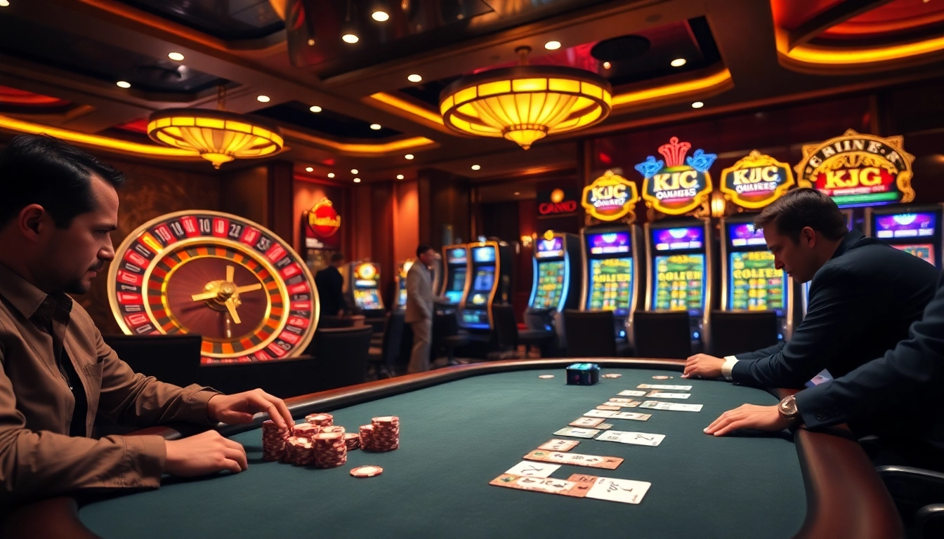 KJC-themed casino poker table with players and roulette wheel in a luxurious environment.