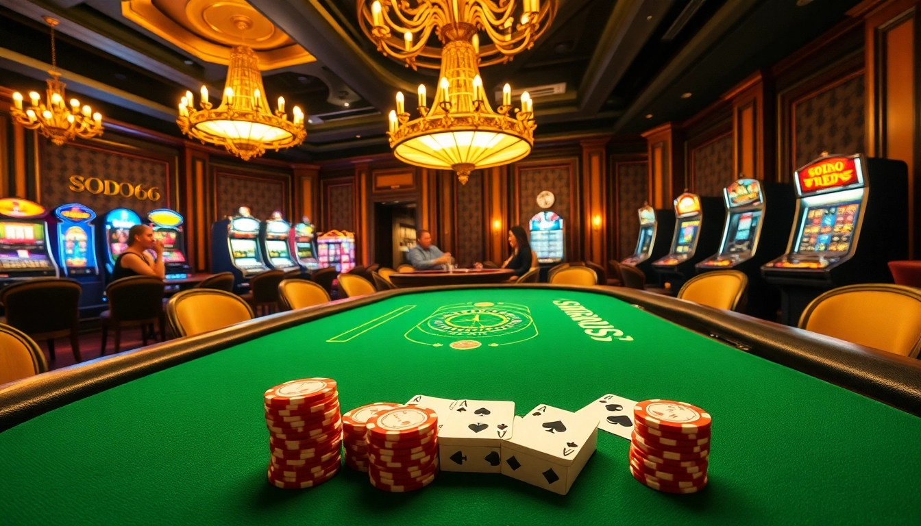 SODO66 casino scene showcasing an upscale poker table and vibrant gambling atmosphere