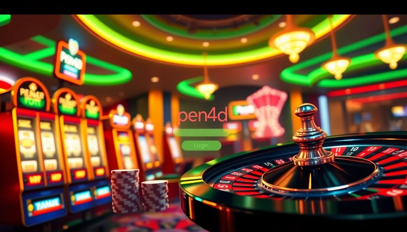Experience excitement at the PEN4D login interface with vibrant slot machines and poker chips.