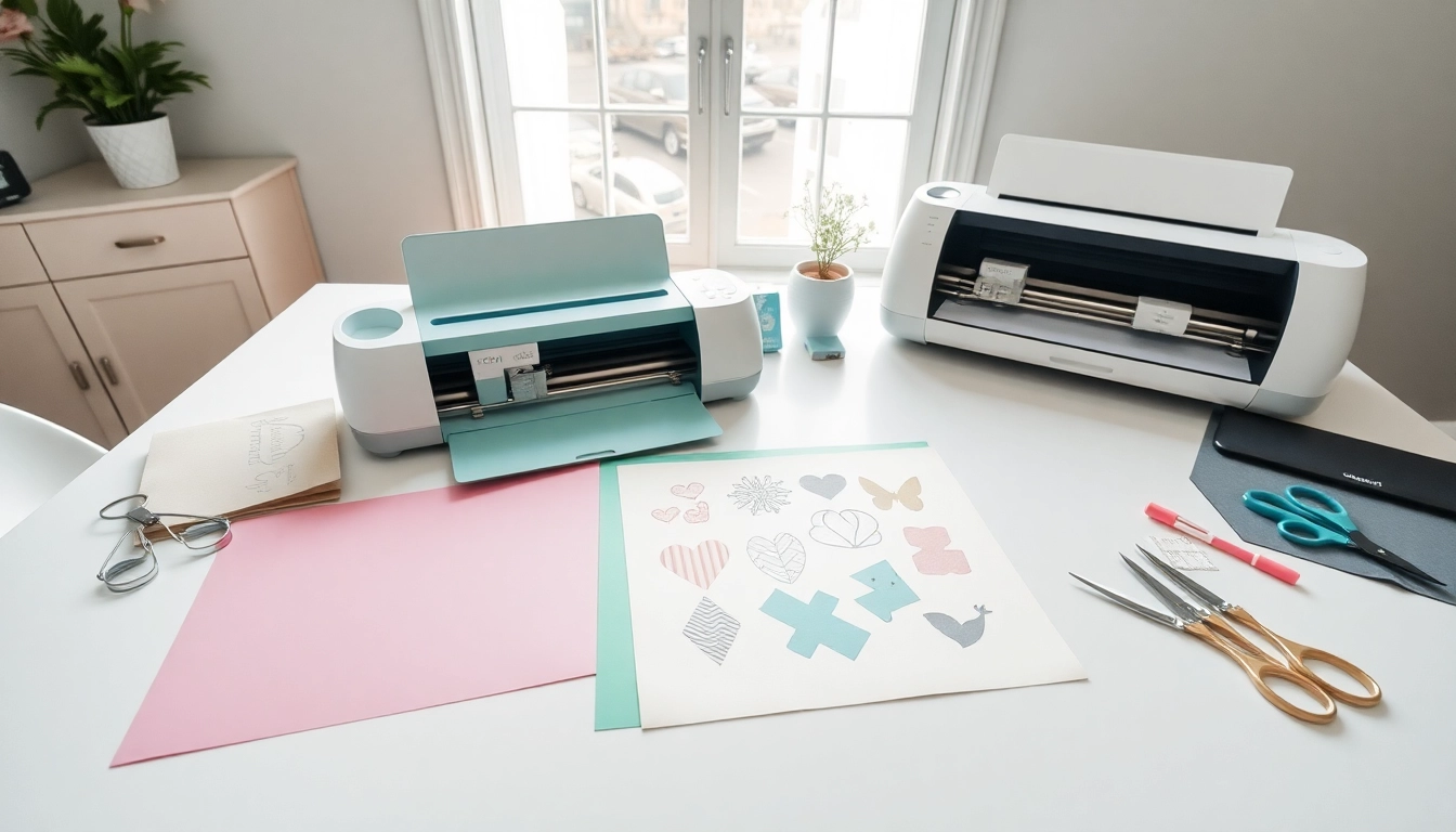 Comparison of silhouette vs cricut machines in a vibrant crafting workspace with colorful materials.