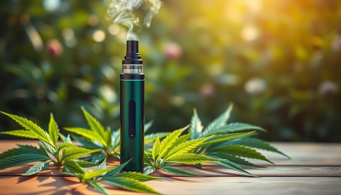 Experience the benefits of cbd oil vape with a beautifully designed vape pen showcasing fresh hemp leaves.